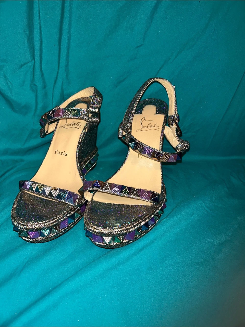 Christian Louboutin Iridescent Multicolor Glitter Studded Wedge Sandals